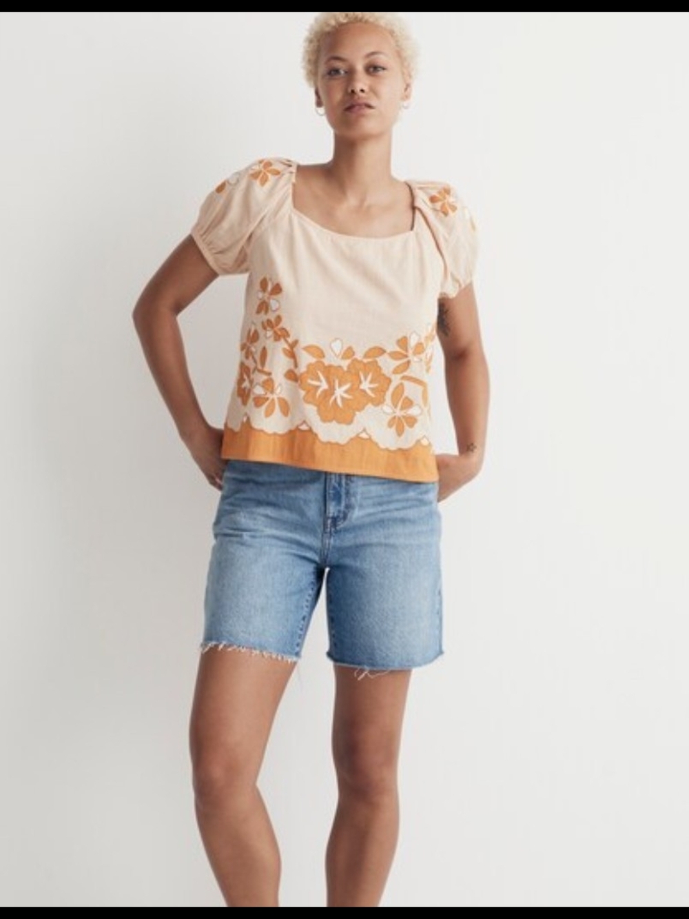 Madewell Cream and Orange Floral Square-Neck Puff Sleeve Blouse